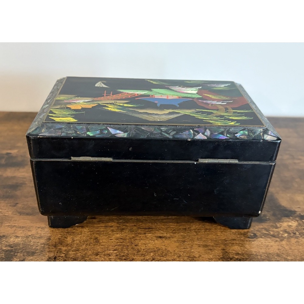 Japanese Black Lacquer Abalone Inlay Mt. Fuji Scenic Music Jewelry Box Vintage - Picture 9 of 12